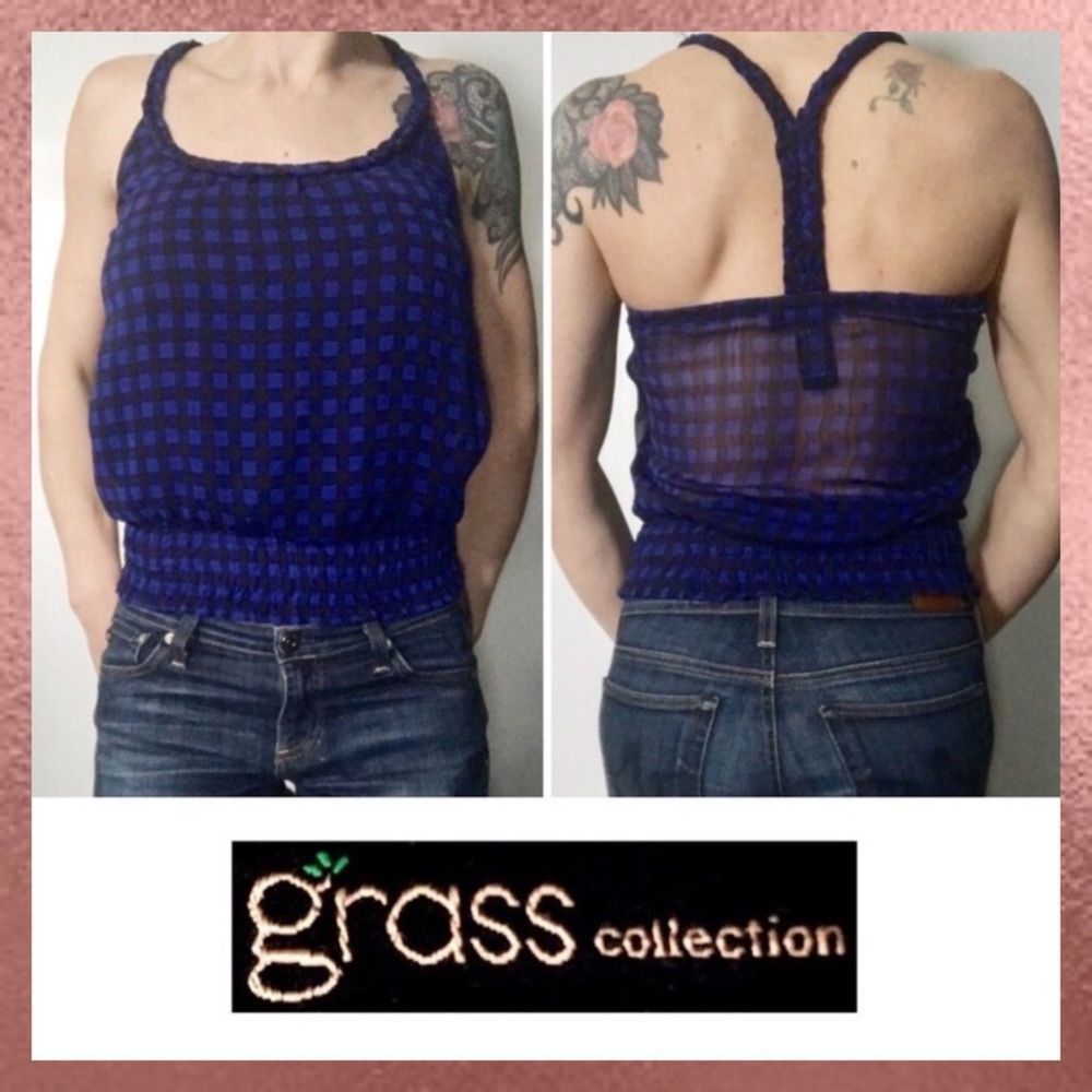 Grass Collection Blue Plaid Crop Tank Top Small S